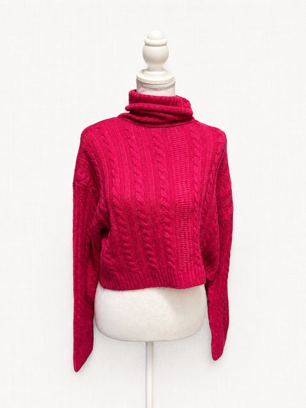 Love Tree Bright Pink Cable-Knit Turtleneck Sweater